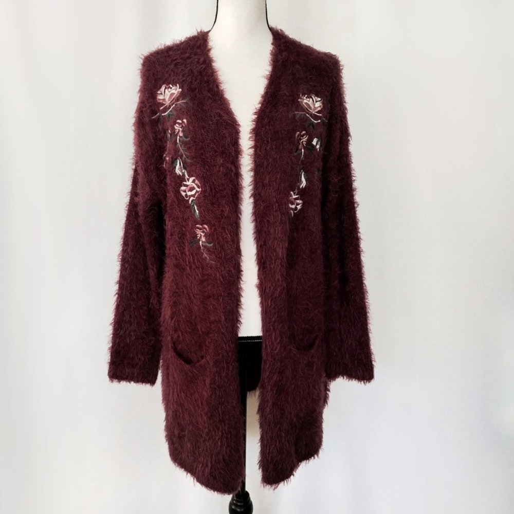 Knox Rose Fuzzy Purple Embroidered Oversized Cardigan Sweater Size M/L